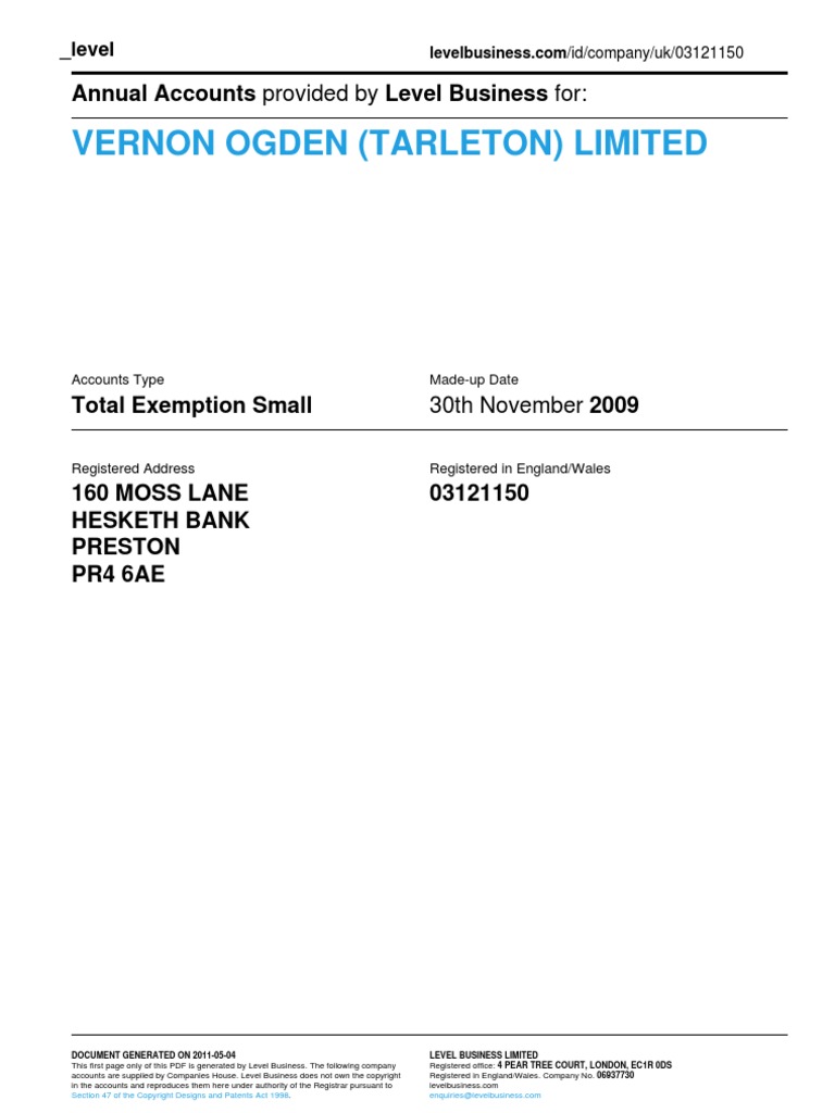 VERNON OGDEN (TARLETON) LIMITED - Company Accounts From Level Business ...