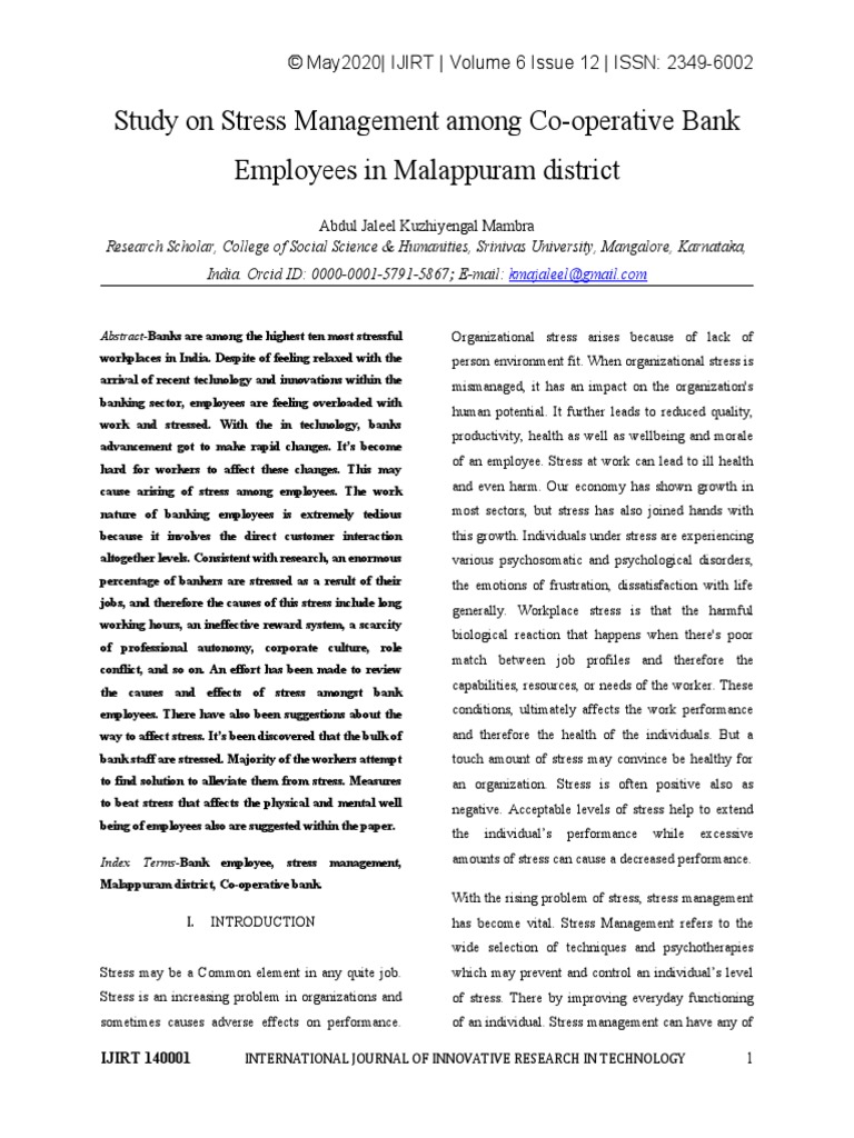Study On Stress Management Among Co-Operative Bank Employees in ...