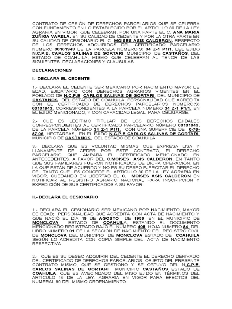 Contrato de cesión de derechos parcelarios que se celebra
