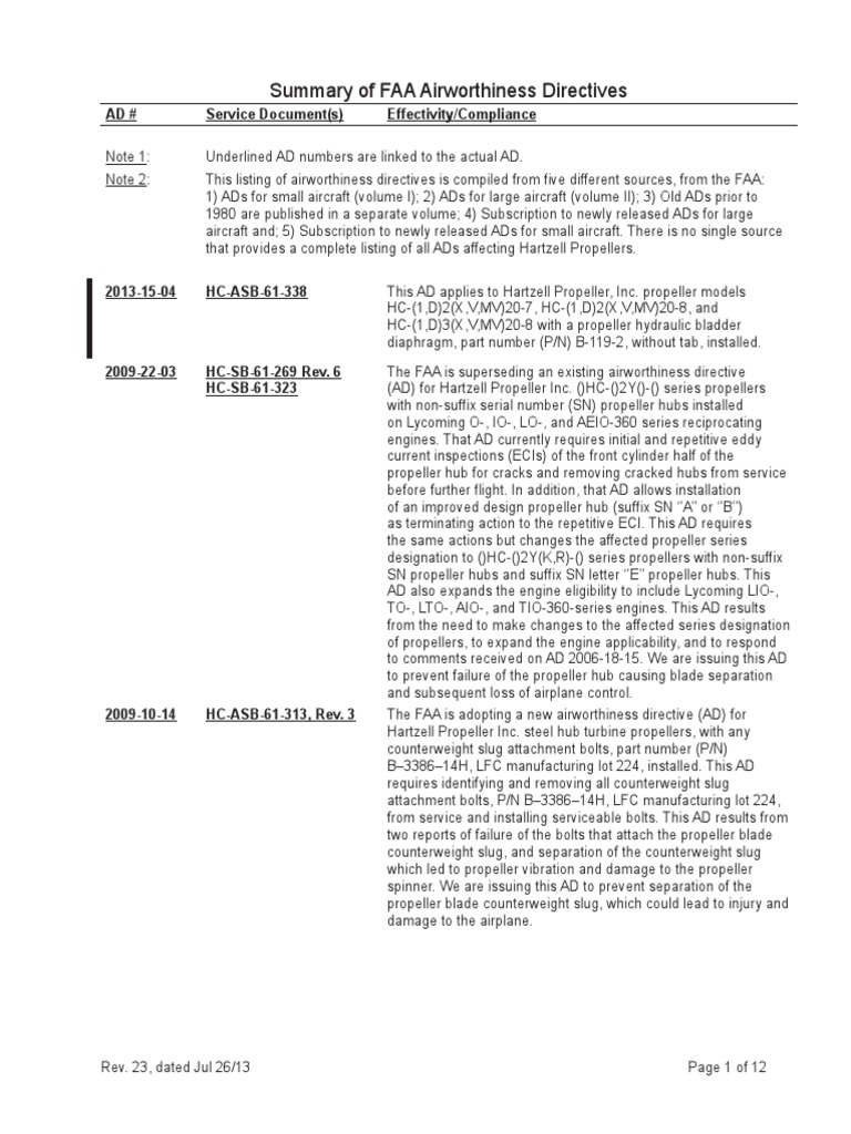 Summary of FAA Airworthiness Directives PDF Propeller Aviation