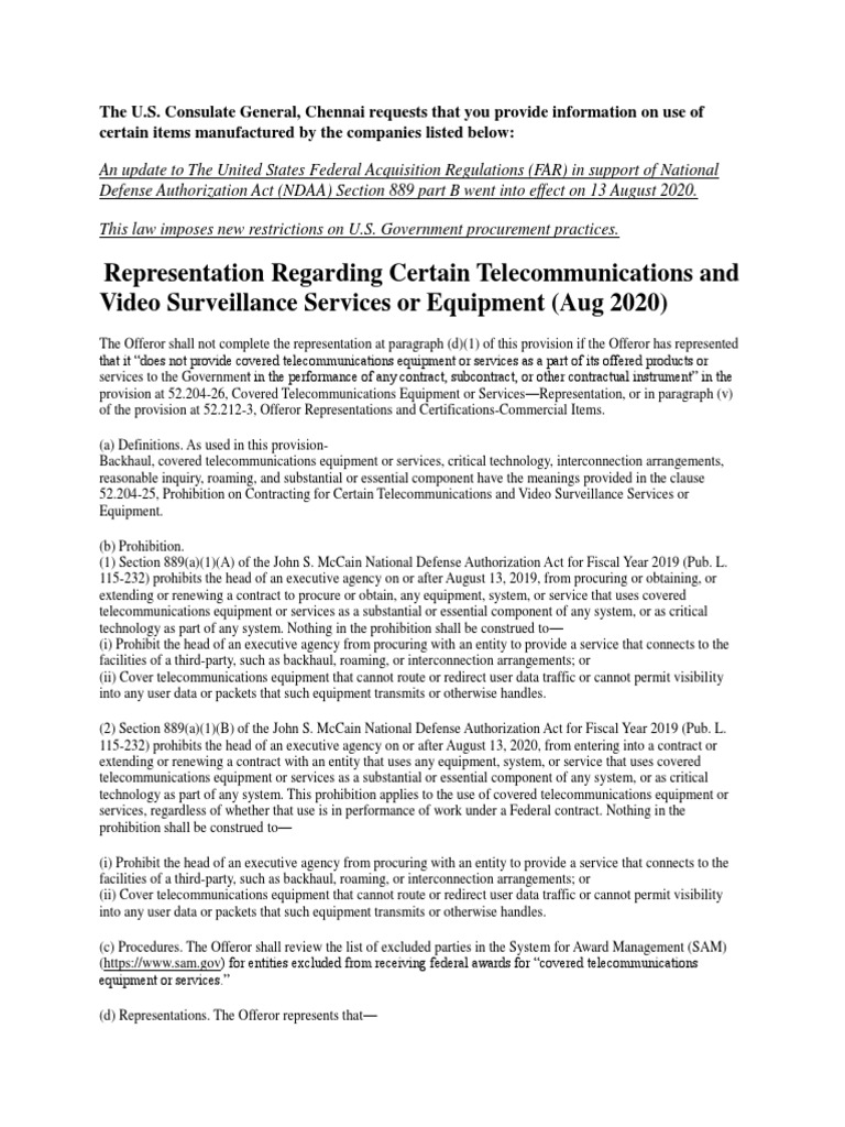 NDAA Section 889 Compliance Guidelines | PDF | Offer And Acceptance ...