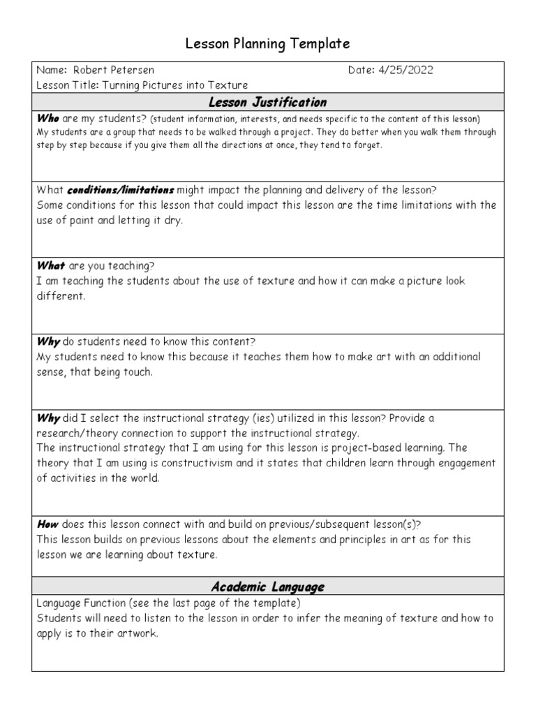 Lesson Planning Template Edtpa 2021 1 PDF Information
