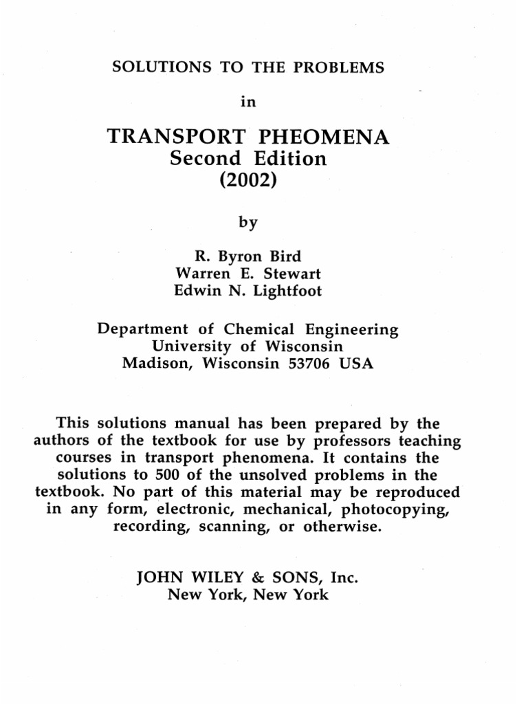 of to solution chemical manual elements engineering reaction 2nd Ed Phenomena Lightfoot by Bird Manual) Transport Stewart (Solution