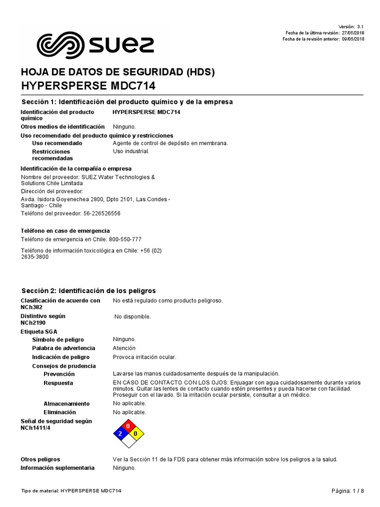 MSDS Hypersperse MDC714 - ES | PDF | Agua | Residuos