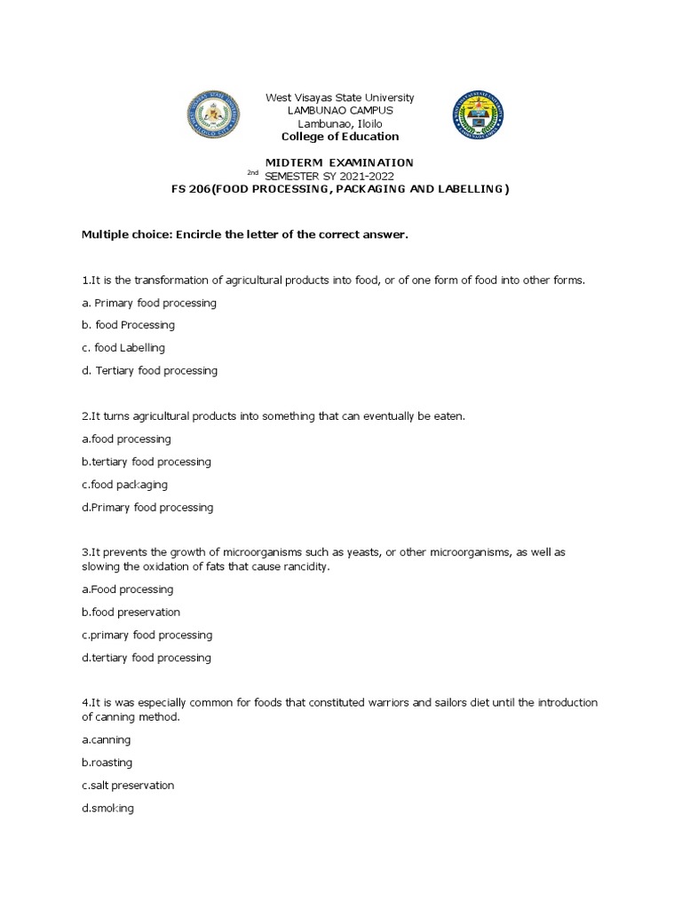 College of Education Midterm Examination Fs 206 (Food Processing