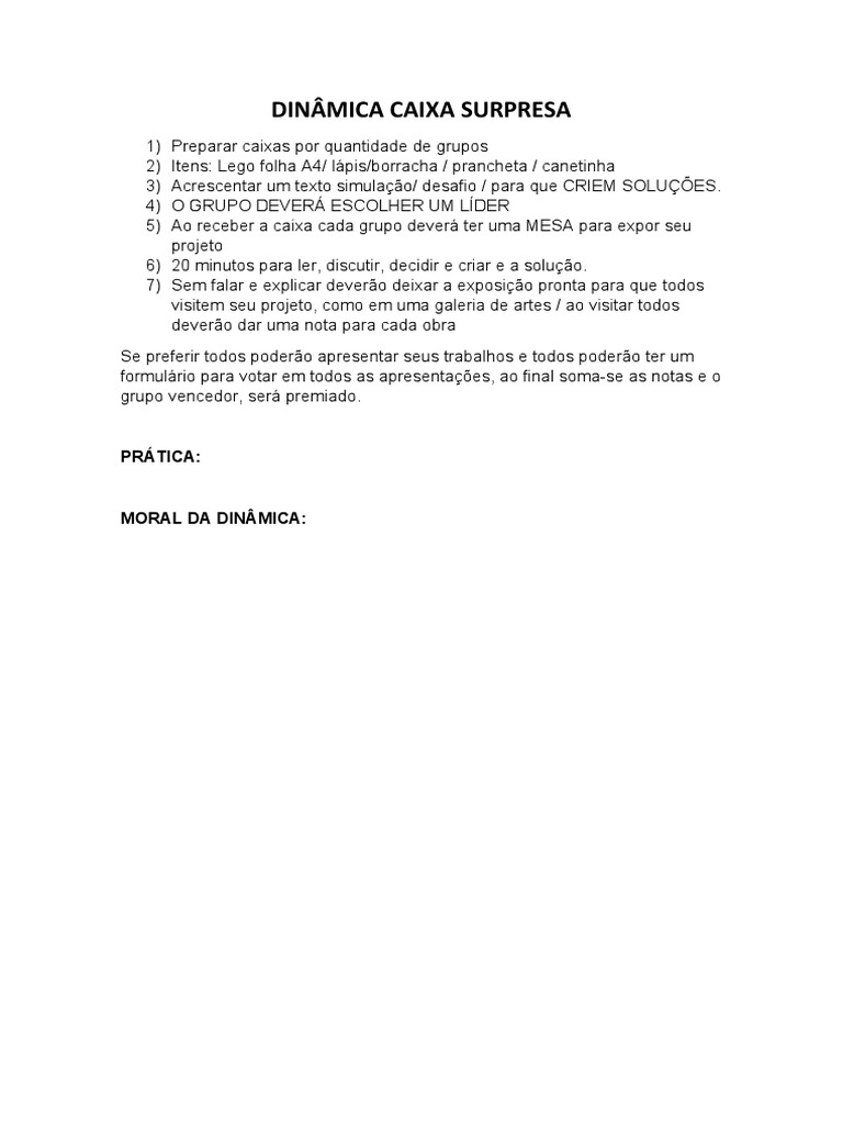 Dinâmica da Caixa Surpresa: Criatividade em Grupo | PDF | Jogos e ...