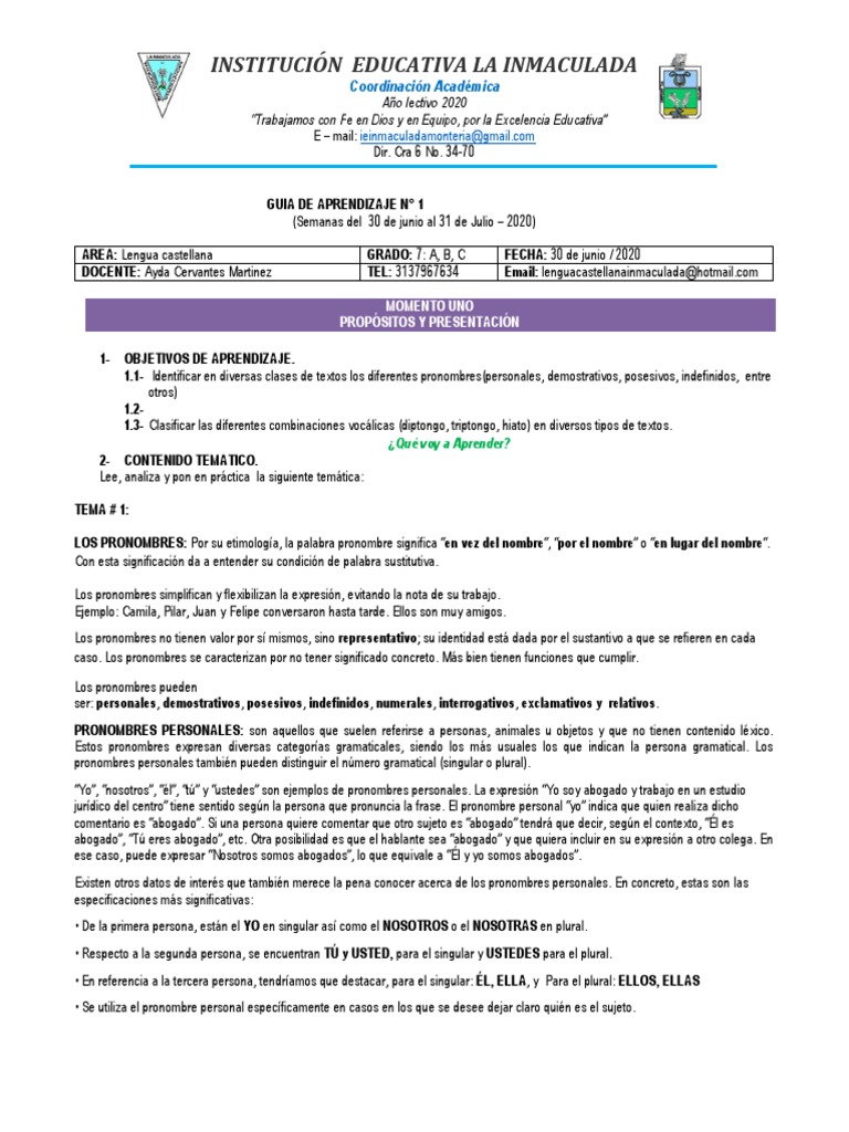 Guia de Aprendizaje Lenguaje Grado 7º A B C. | PDF | Plural | Pronombre