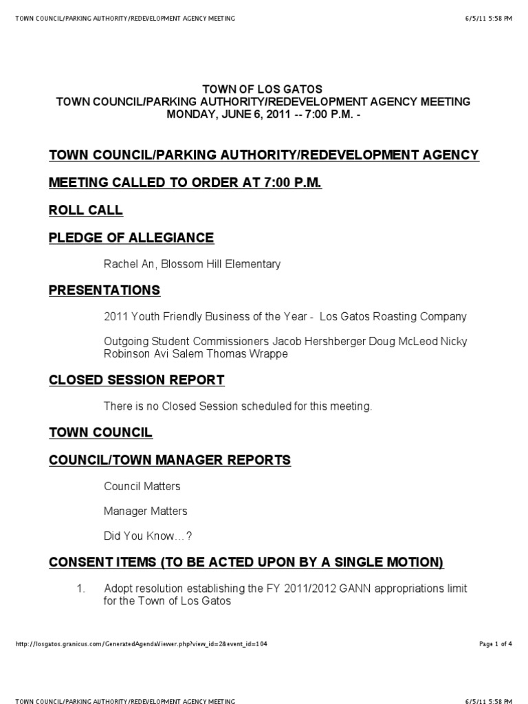 Los Gatos Town Council Meeting Agenda | PDF | Government