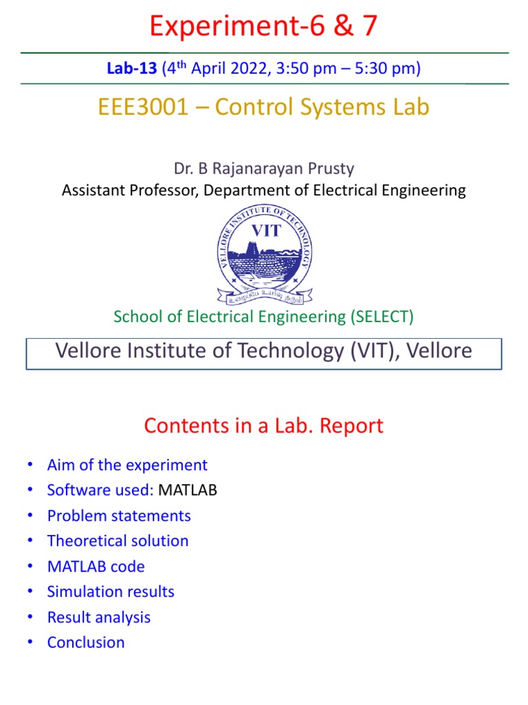 EEE3001 Control Systems Lab Vellore Institute of Technology (VIT