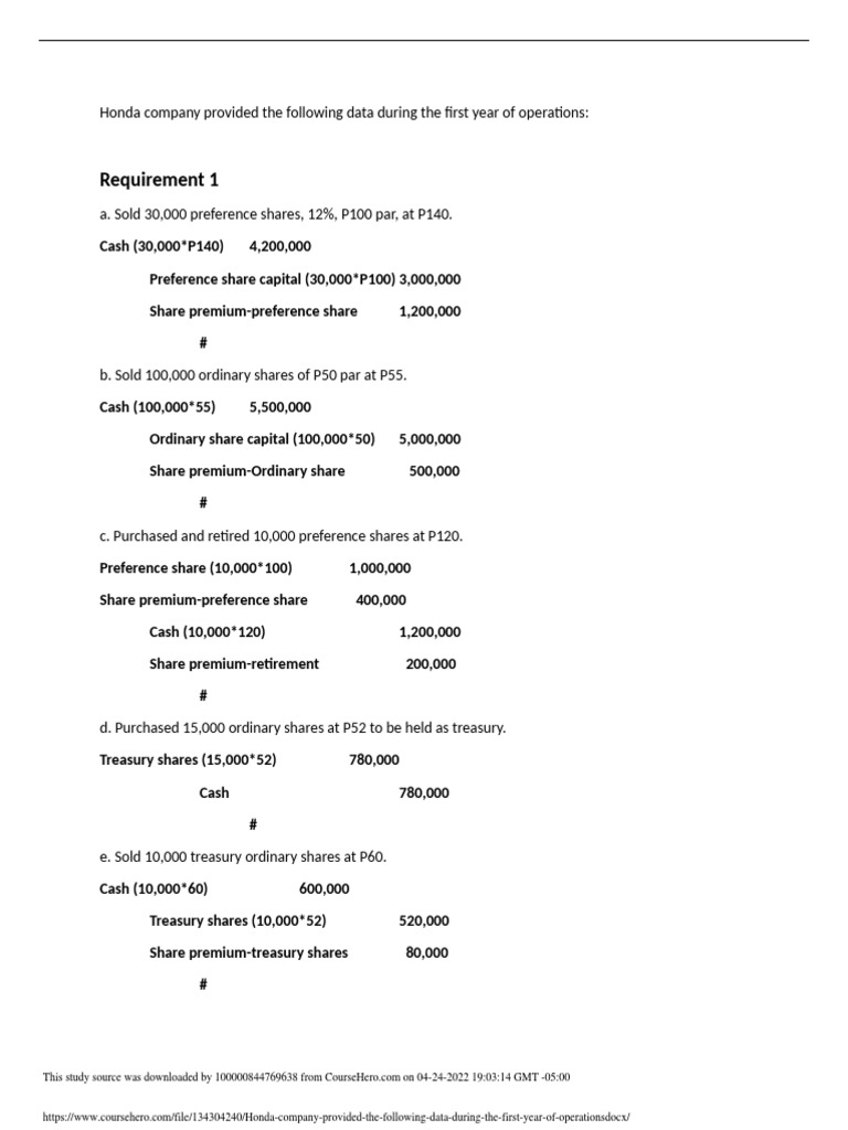 Honda Company Provided The Following Data During The First Year of