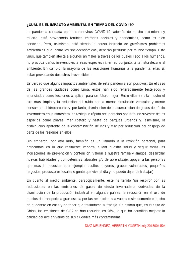 Cual Es El Impacto Ambiental en Tiempo Del Covid 19 | PDF ...