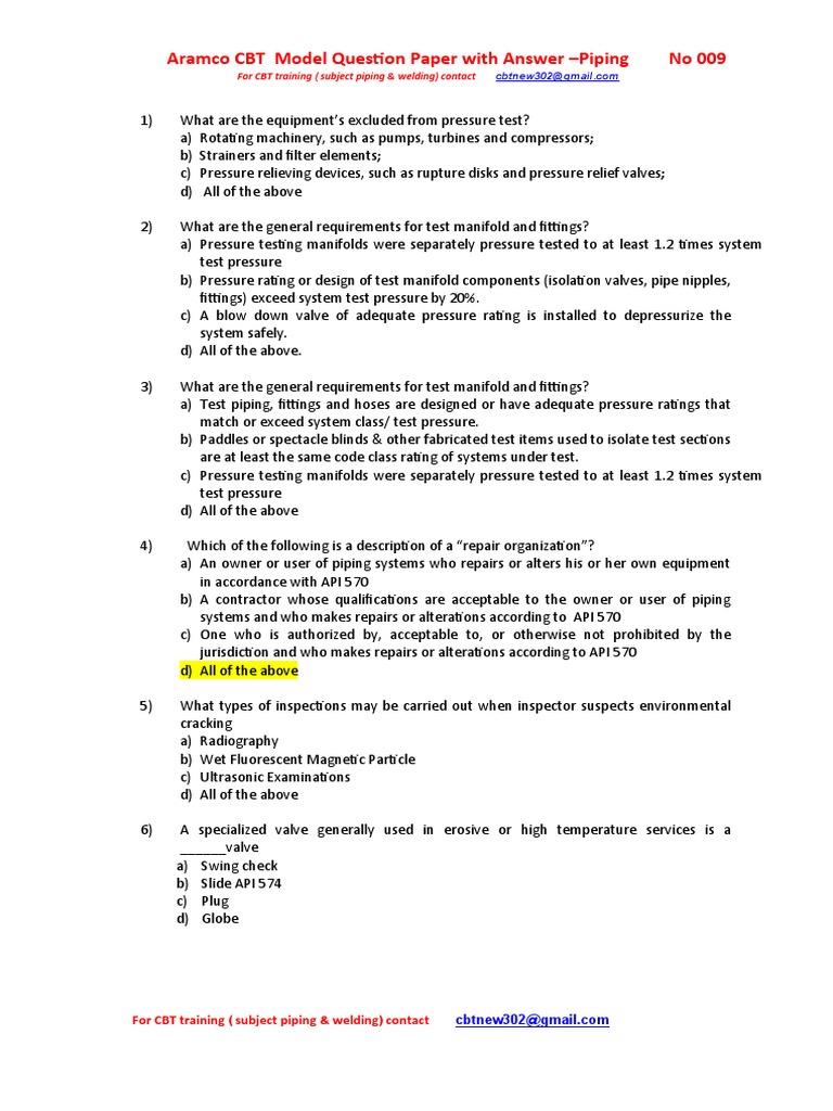 Aramco CBT Piping Exam Model Paper | PDF | Pipe (Fluid Conveyance) | Valve