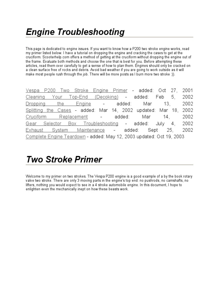 Engine Troubleshooting Vespa | PDF | Piston | Internal Combustion Engine