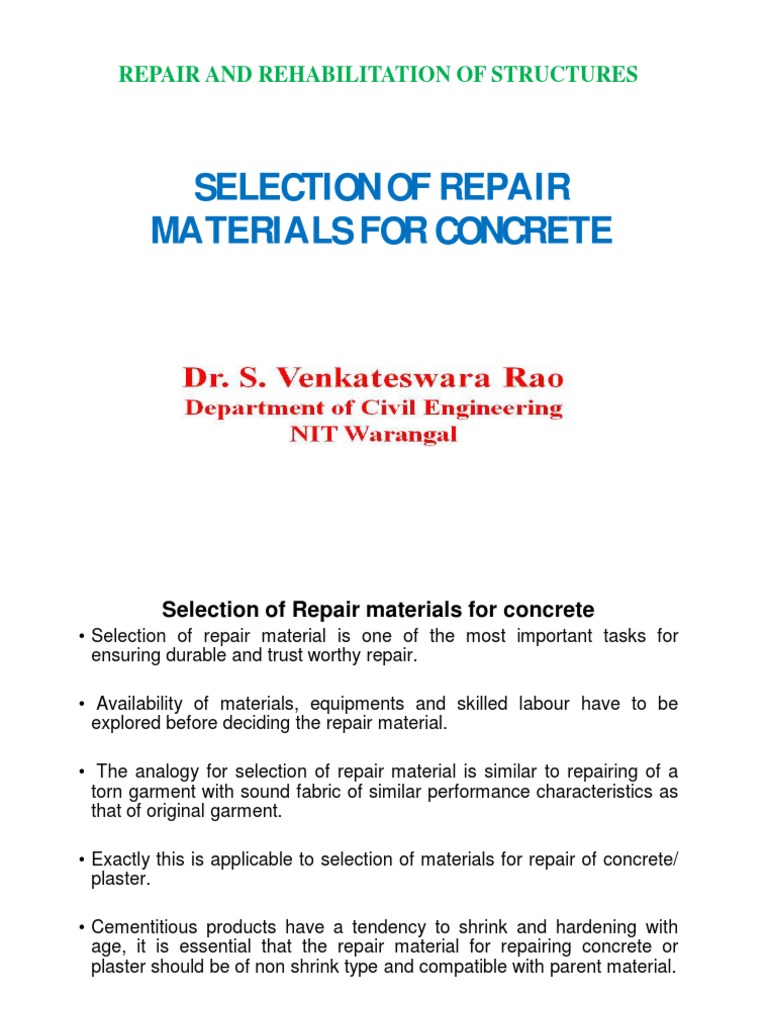 Selecting Repair Materials for Concrete | PDF | Concrete | Cement