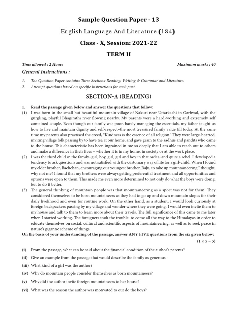 Reading Comprehension Practice for Class X | PDF