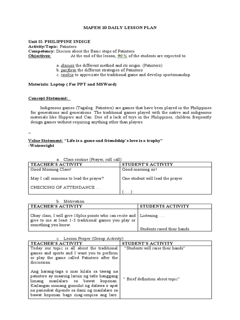 Patintero Lesson Plan for MAPEH 10 | PDF | Lesson Plan | Cognition