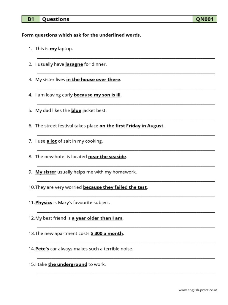 Ask For The Underlined Words - PDF Grammar Worksheet - B1 - QN001 | PDF
