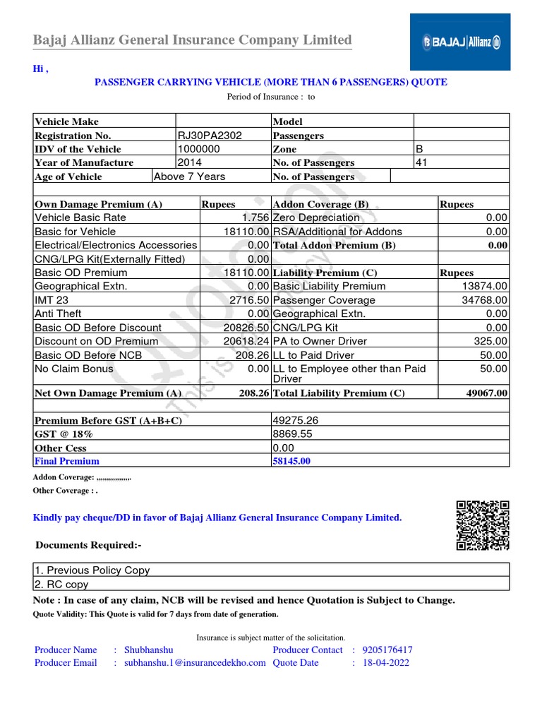 Bajaj Allianz General Insurance Company Limited Hi, Passenger Carrying