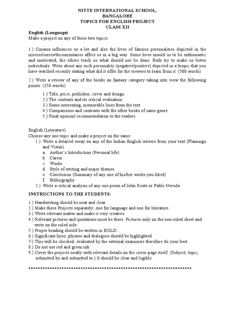 Class XII English Project Guidelines | PDF