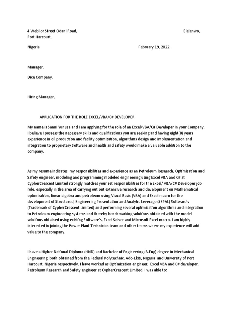 Dice Company Cover Letter PDF Microsoft Excel Visual Basic For Applications