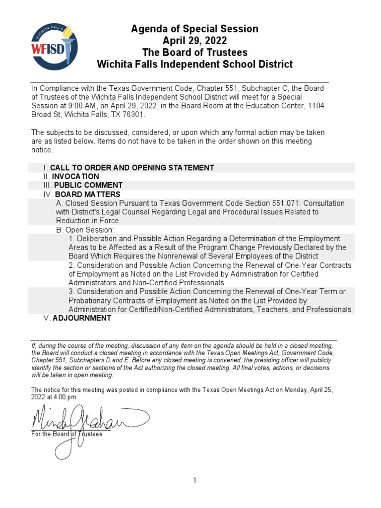 WFISD Agenda Special Session PDF Public Law Common Law
