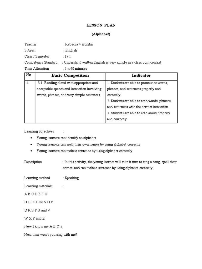 Basic Competition Indicator Lesson Plan (Alphabet) PDF Learning