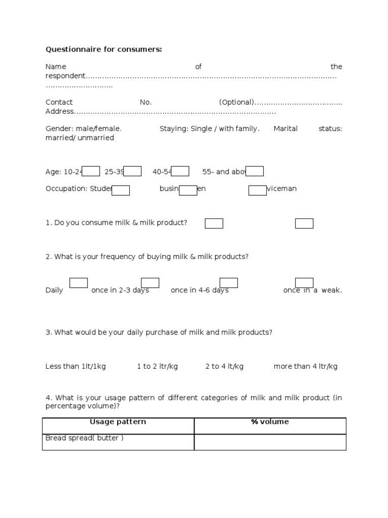 Questionnaire For Amul PDF Milk Dairy Products