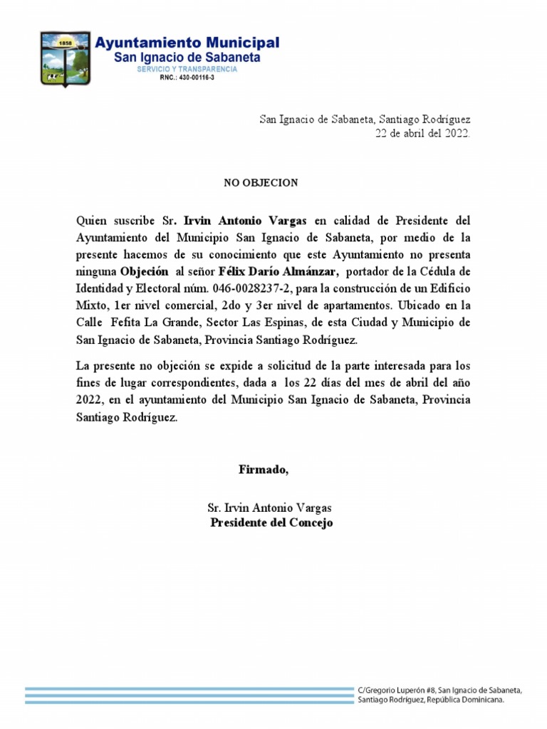 CARTA NO OBJECION Construccion de Un Edificio Mixto FELIX DARIO