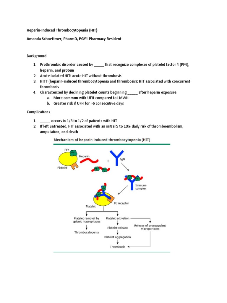 Heparin Induced Thrombocytopenia Handout PDF Clinical Medicine