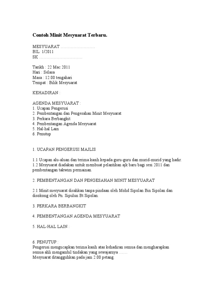 Contoh Minit Mesyuarat Terbaru