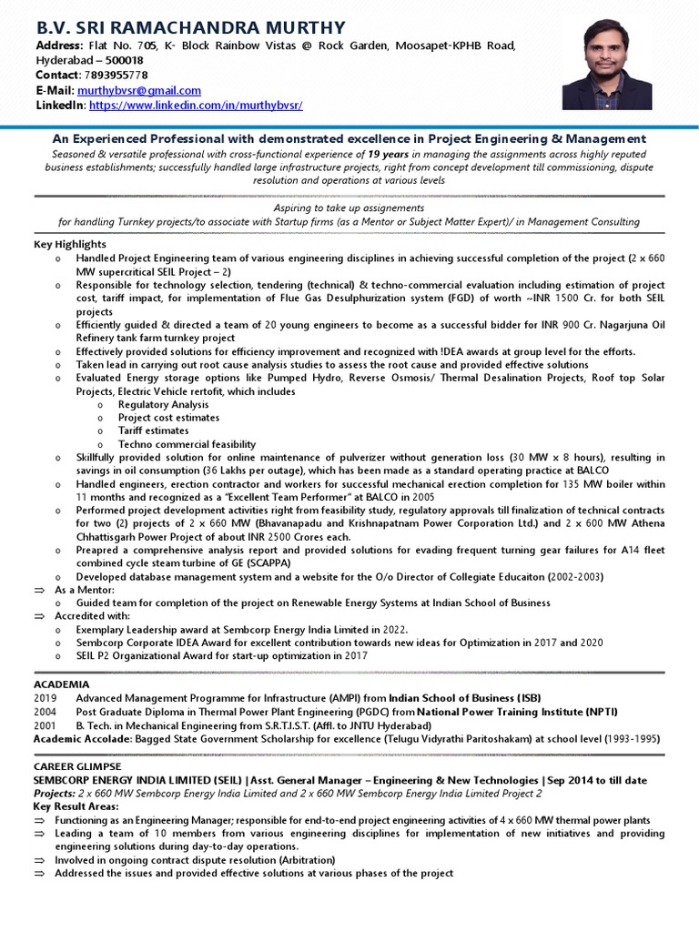 CV - Sri Ramaachandra Murthy BV | PDF | Engineering | Power Station
