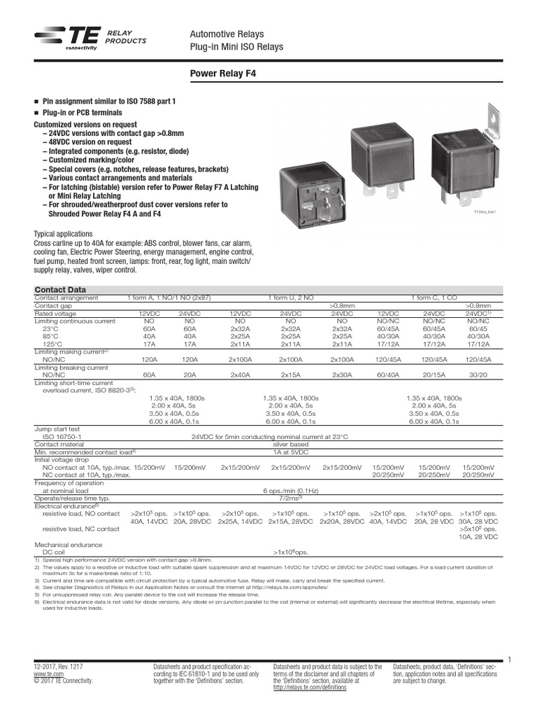 Power Relay F4 Automotive Relays PlugIn Mini ISO Relays PDF Relay