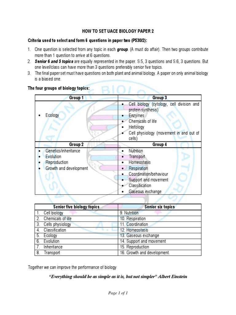 How To Set Uace Biology Paper 2 Criteria Used To Select and Form 6 Questions in Paper Two (P530