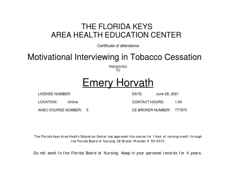 PortfolioMotivational Interviewing in Tobacco Cessation Certificate of