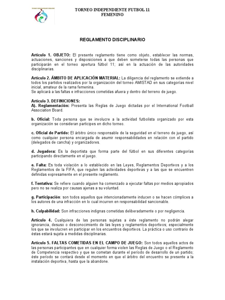 Reglamento Disciplinario Fútbol 11 Femenino | PDF | Asociación de ...