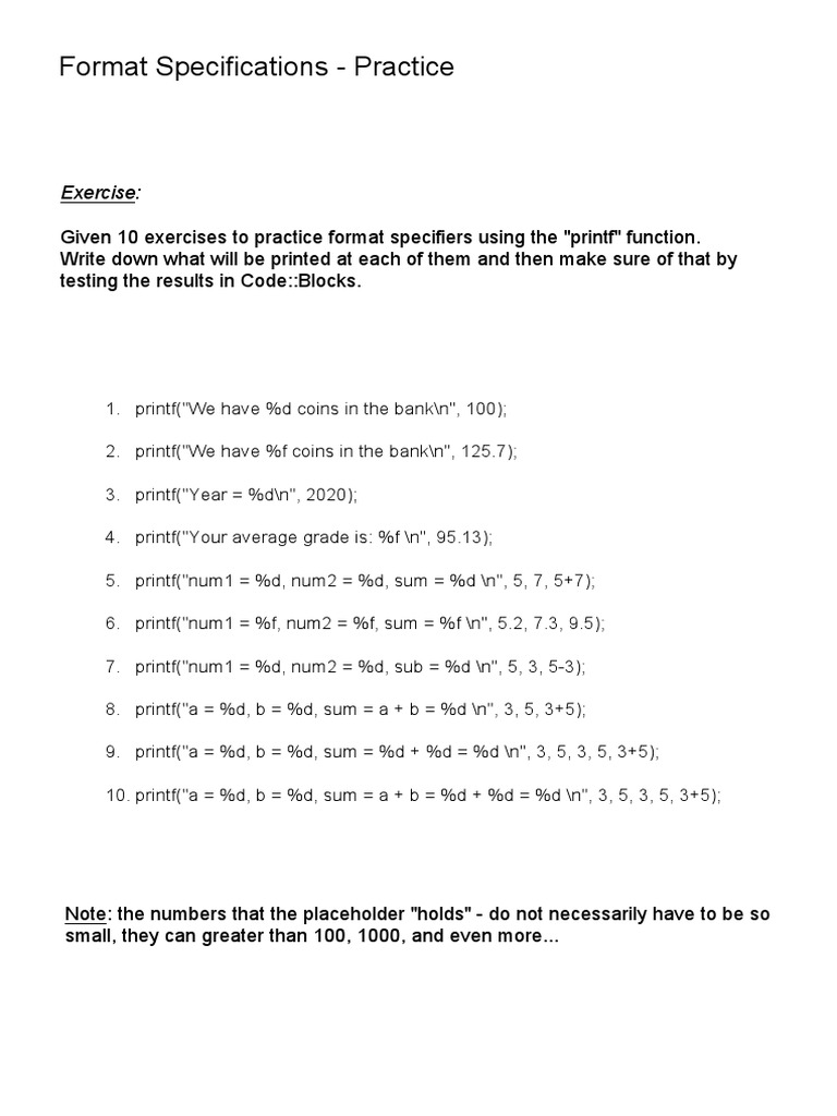 Practice with printf Format Specifiers | PDF | Computers