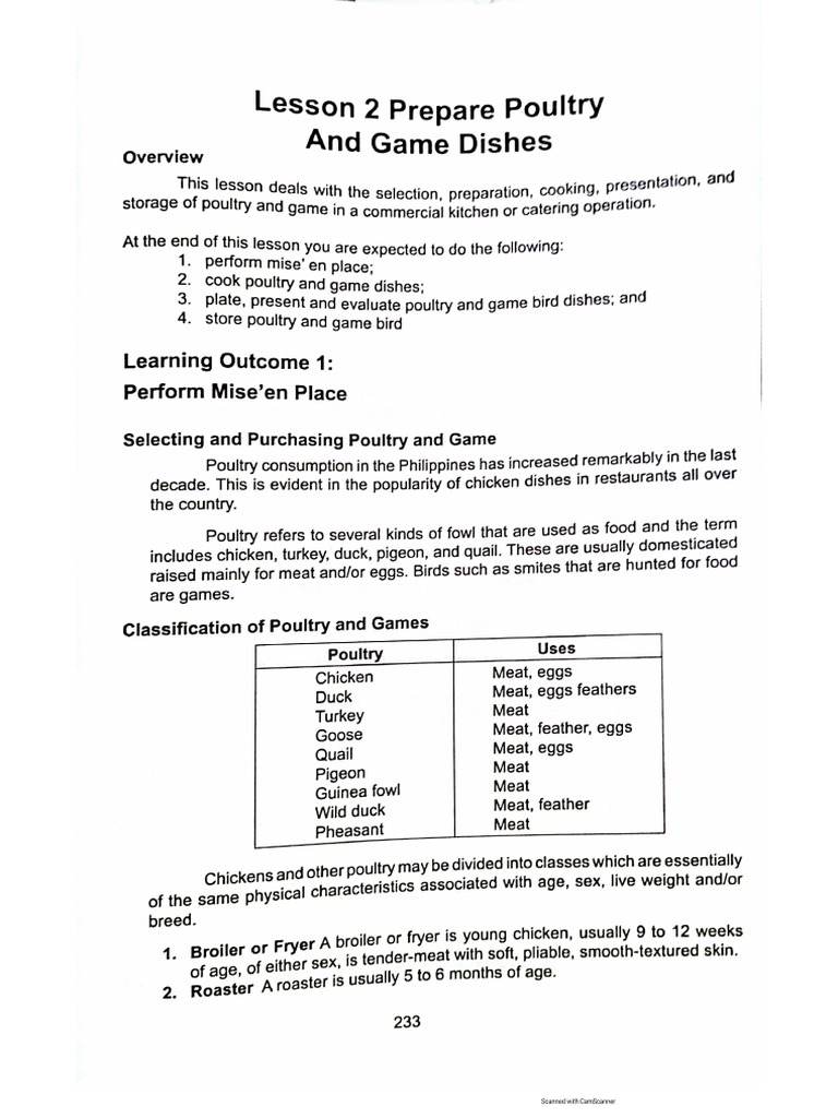 Lesson 2 Prepare Poultry and Game Dishes LO1 | PDF