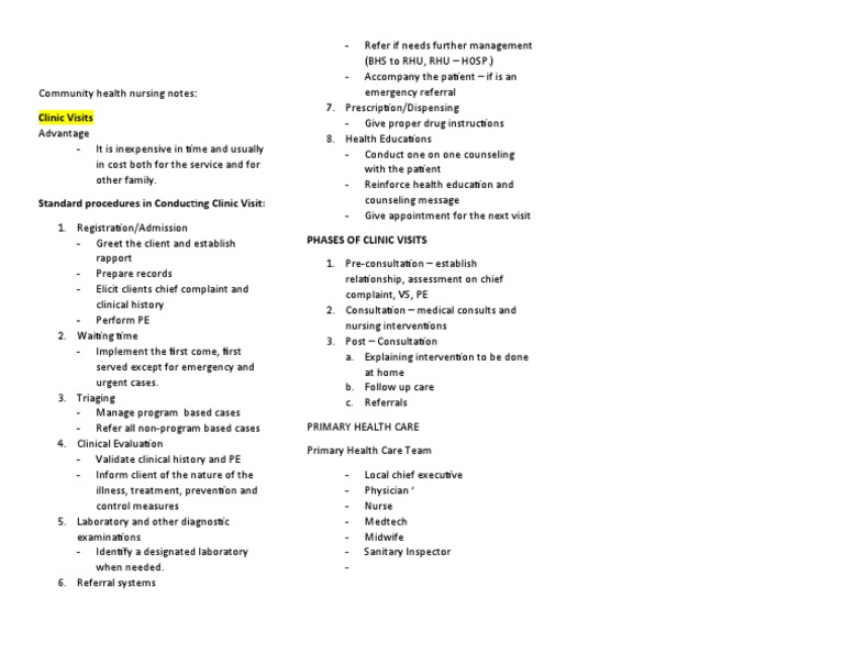 Community Health Nursing Clinic Procedures | PDF | Nursing | Patient