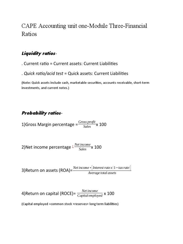 Financial Ratios in CAPE Accounting Unit 1 | PDF | Dividend | Net Income