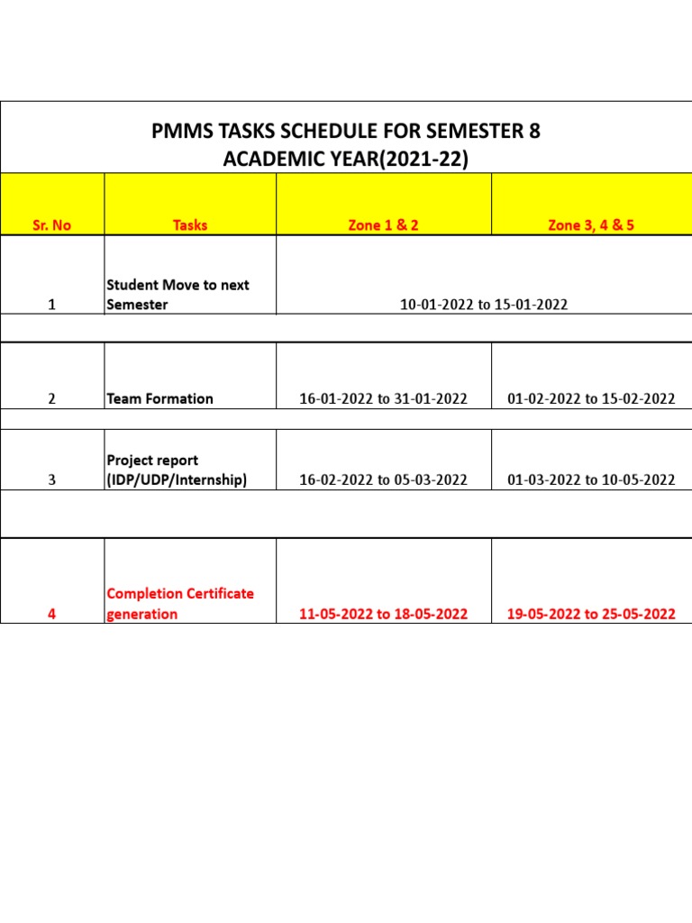 Pmms Tasks Schedule For Semester 8 | PDF