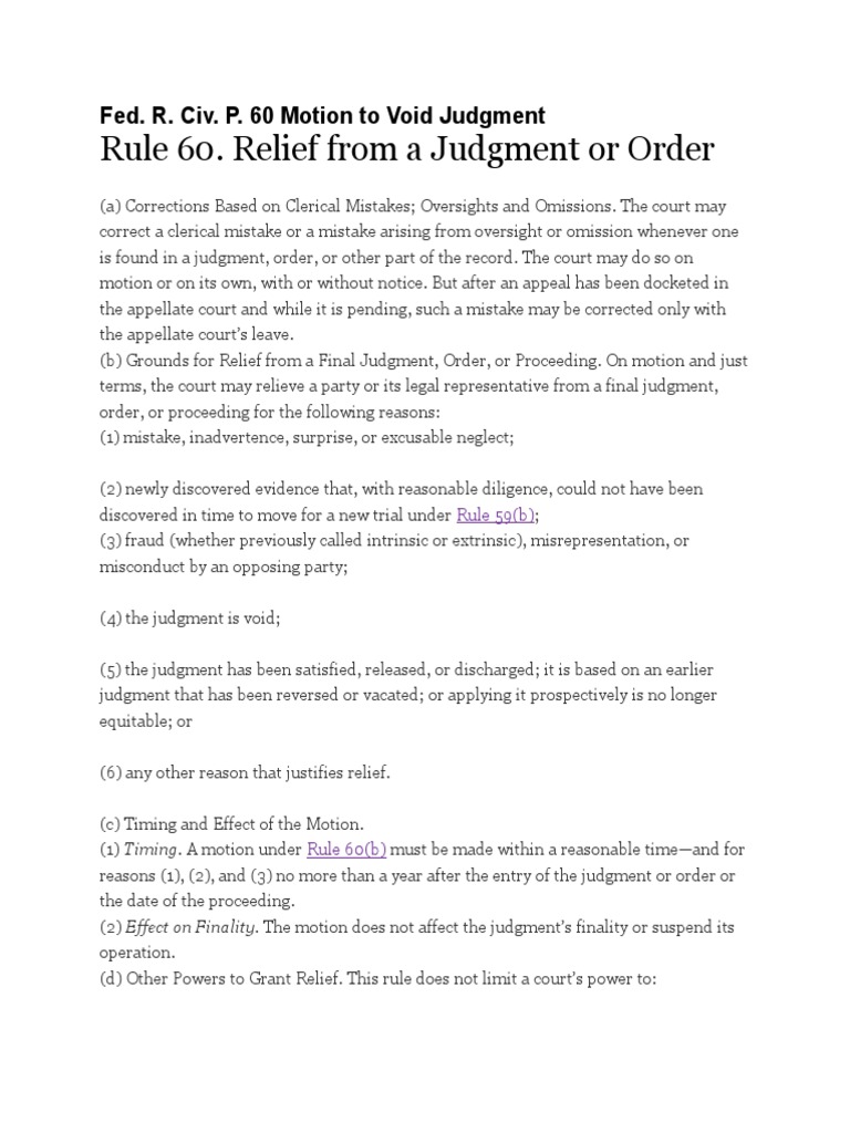 Rule 60. Relief From A Judgment or Order Fed. R. Civ. P. 60 Motion To