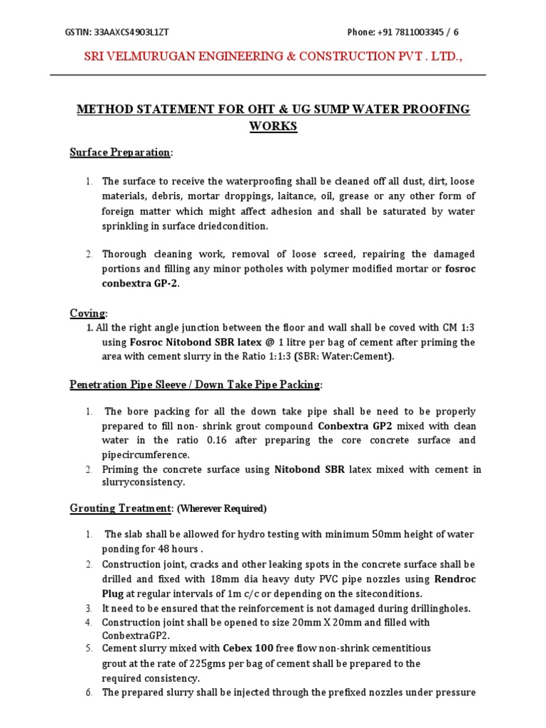 Method Statement For OHT & UG SUMP Water Proofing.. | PDF | Concrete ...