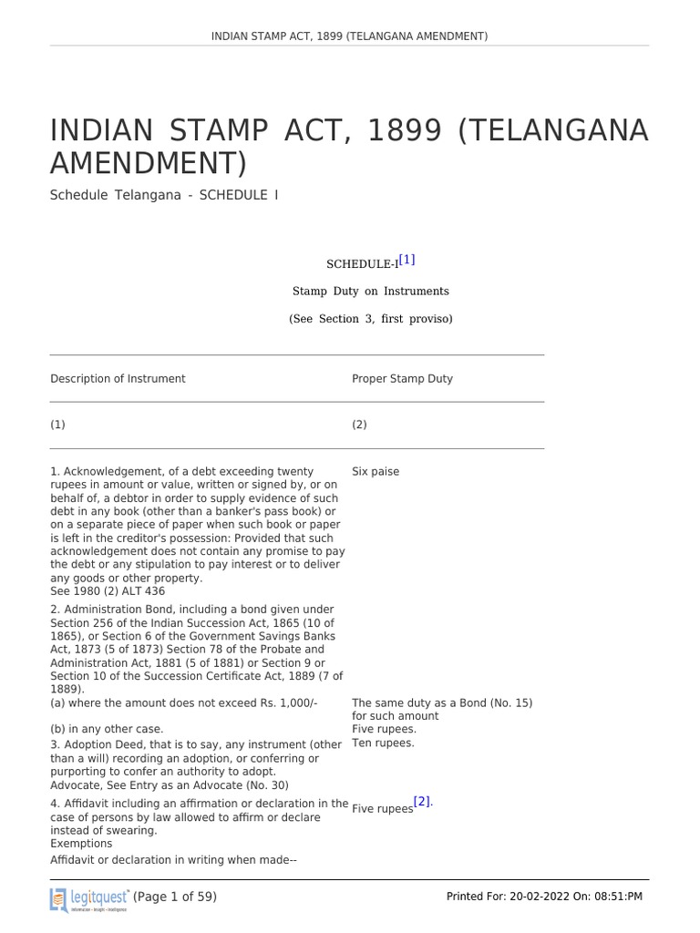 Indian Stamp Act, 1899 (Telangana Amendment) PDF Mortgage Law Lease