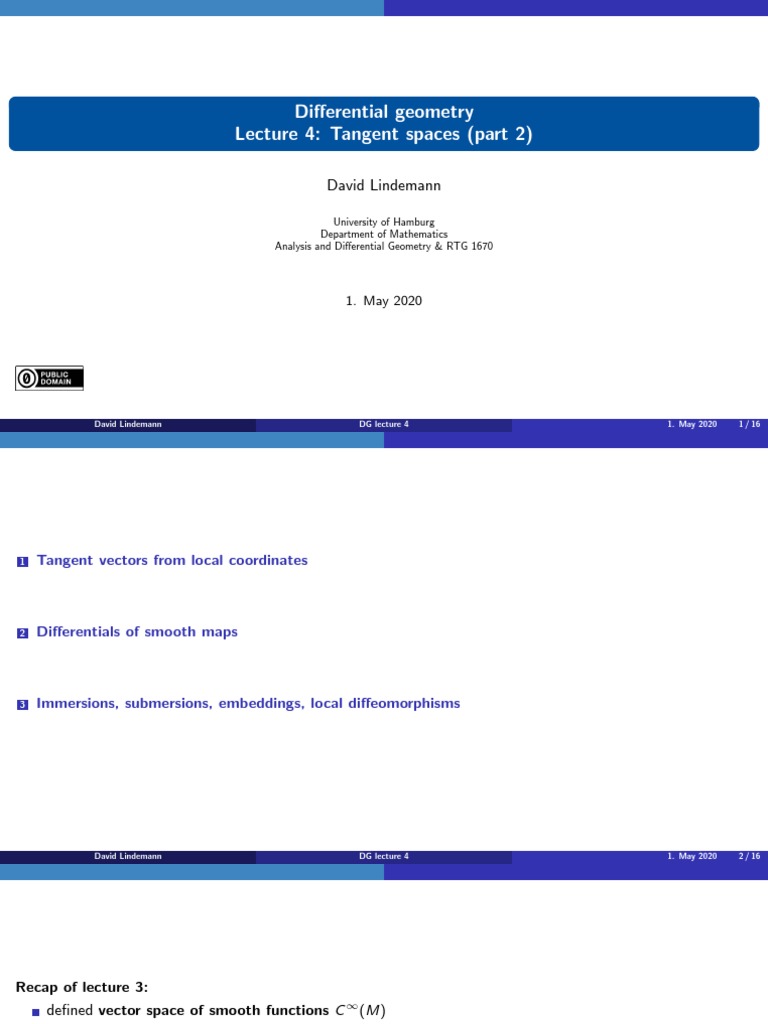 Differential Geometry Lecture 4 Tangent Spaces (Part 2) David Lindemann PDF