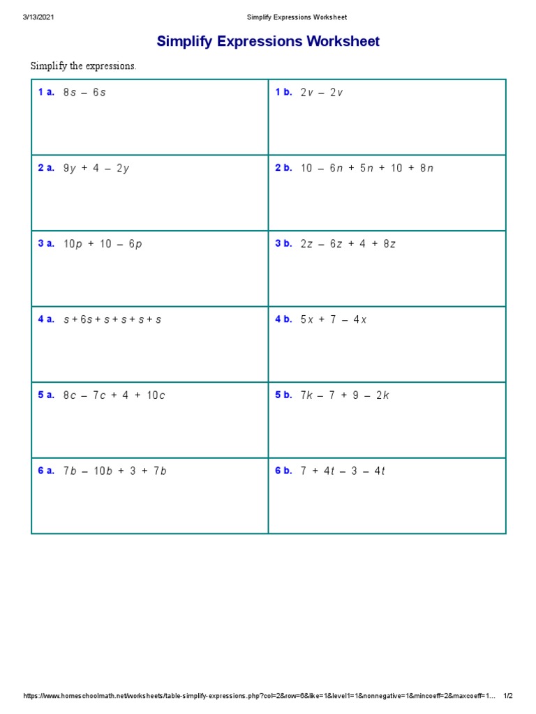 Simplify Expressions Worksheet | PDF