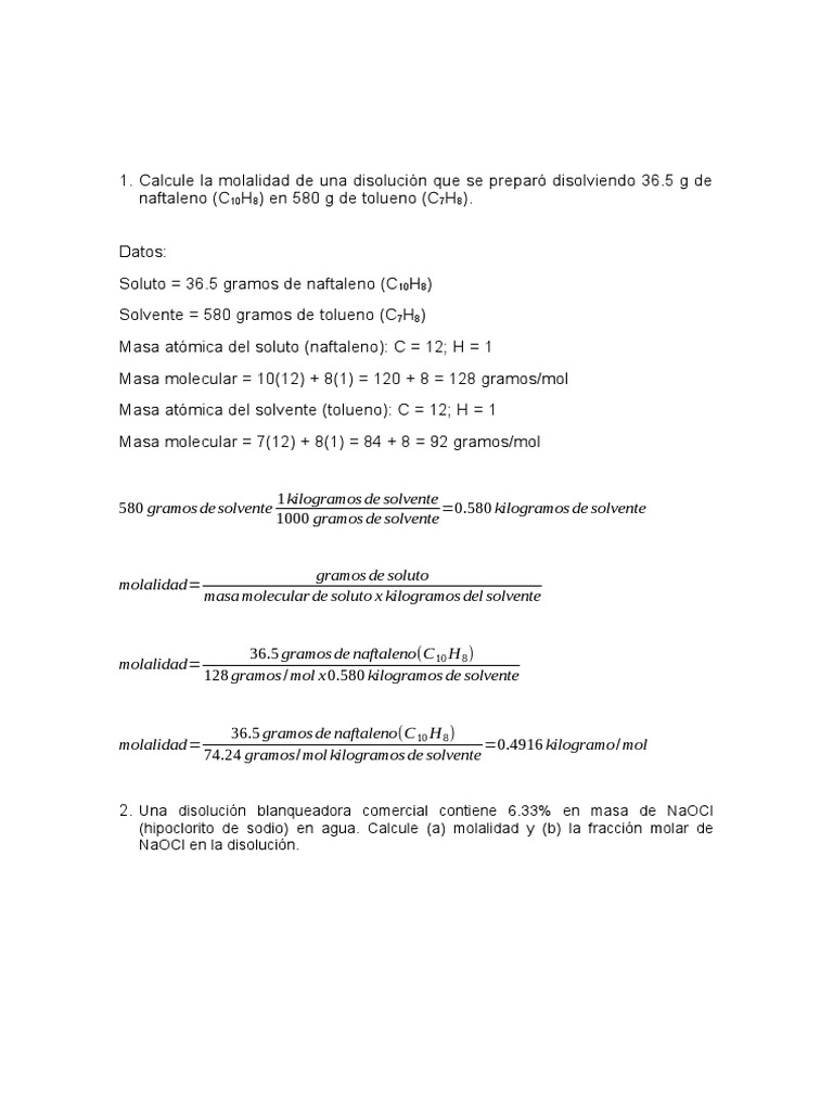 Calcule La Molalidad de Una Disolución Que Se Preparó Disolviendo 36 ...