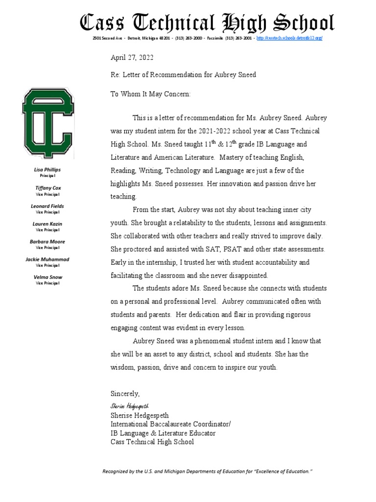 Rec Letter Cass Tech | PDF | Education Theory | Communication