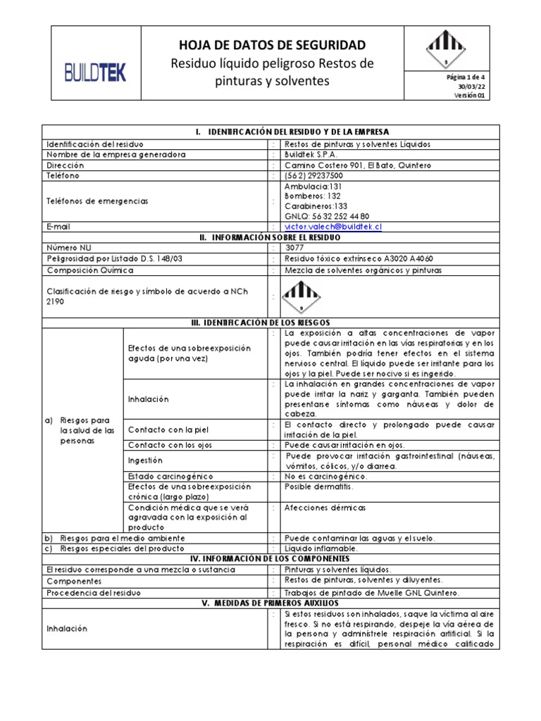 Hoja de Seguridad: Restos de Pinturas y Solventes | PDF | Agua | Residuos