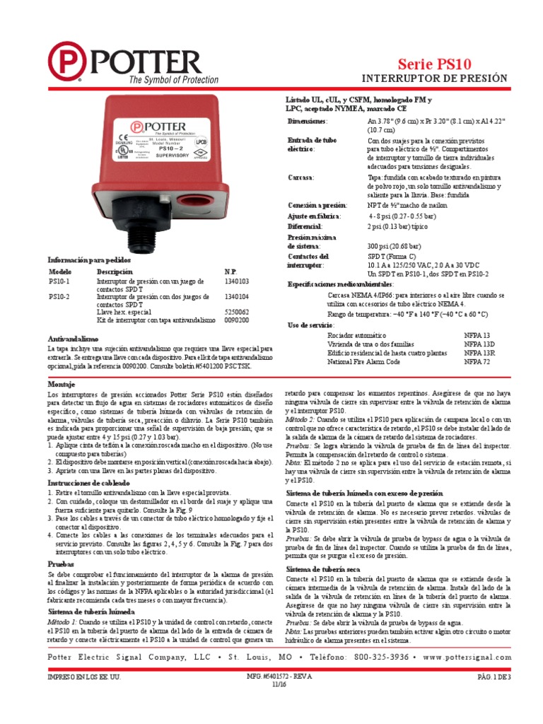 POTTER SIGNAL INTERRUPTOR DE 5401572 PS10 Spanish PDF