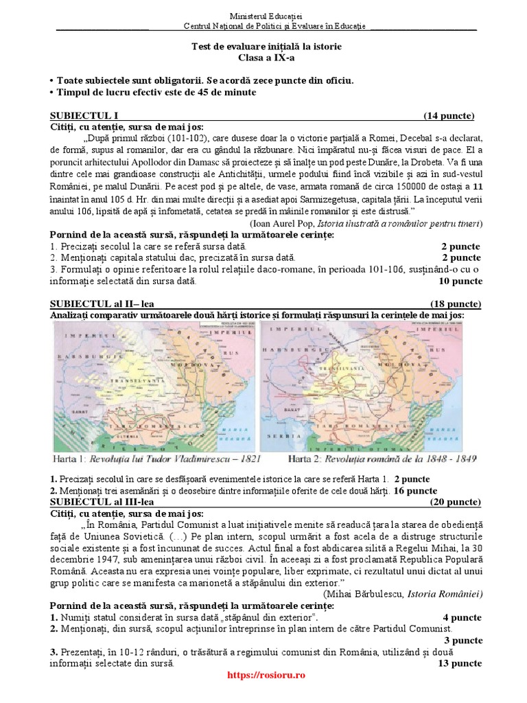 Test de Evaluare Initiala - Clasa 9 - Rosioru - Ro - DD | PDF